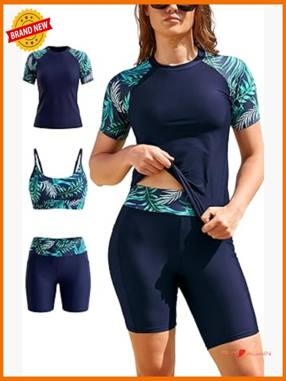 3 Piece Rash Guard Set Short Sleeve Swim Top High Waist Boyshorts